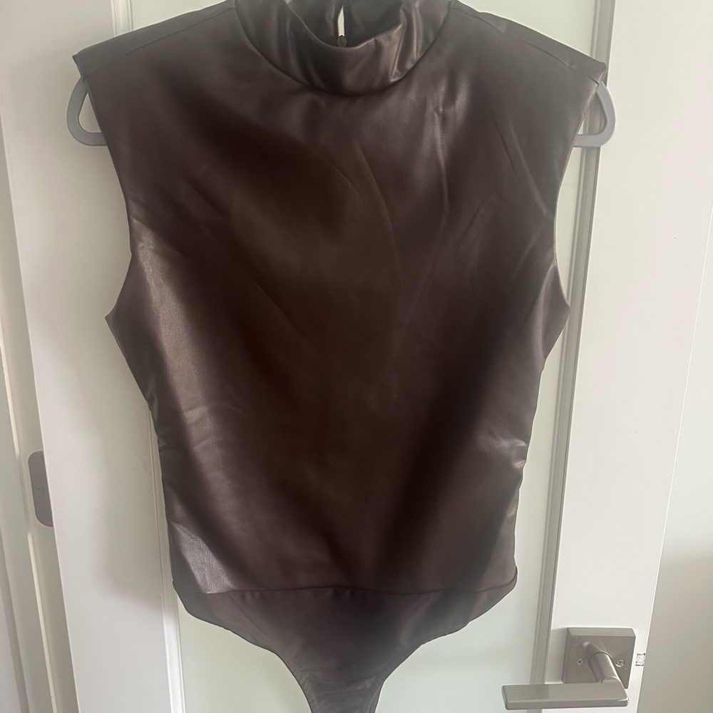 Endless Rose Sleeveless Faux Leather Mock Neck Bodysuit - Dark Brown
